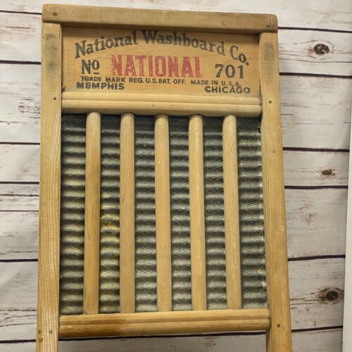 VTG Antique Primitive Wood NATIONAL WASHBOARD CO Zinc King #701 Tin Wash Board - Picture 2 of 11