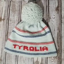 Vtg Tyrolia Ski Bindings Knit Wool Beanie Hat Puff Pom Winter Cap Acrylic Hem