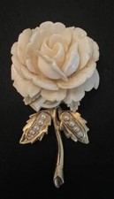 Vintage Carved Celluloid Ivory Rose Gold Tone Stem w Faux Pearls Pin Brooch