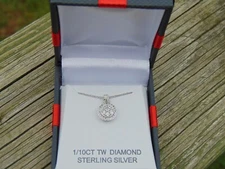 1/10 ct Diamond Halo Pendant and Necklace in Sterling Silver NIB Bling