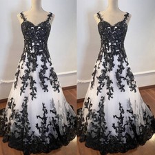 Gothic Wedding Dresses Black White Spaghetti Full Length Lace Bridal Gown Custom