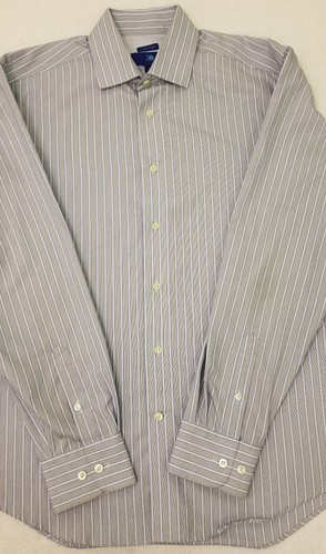 Egara Mens Non Iron Cotton Gray/Blue Striped Contrast Cuff Dress Shirt Large Lg - Picture 2 of 12