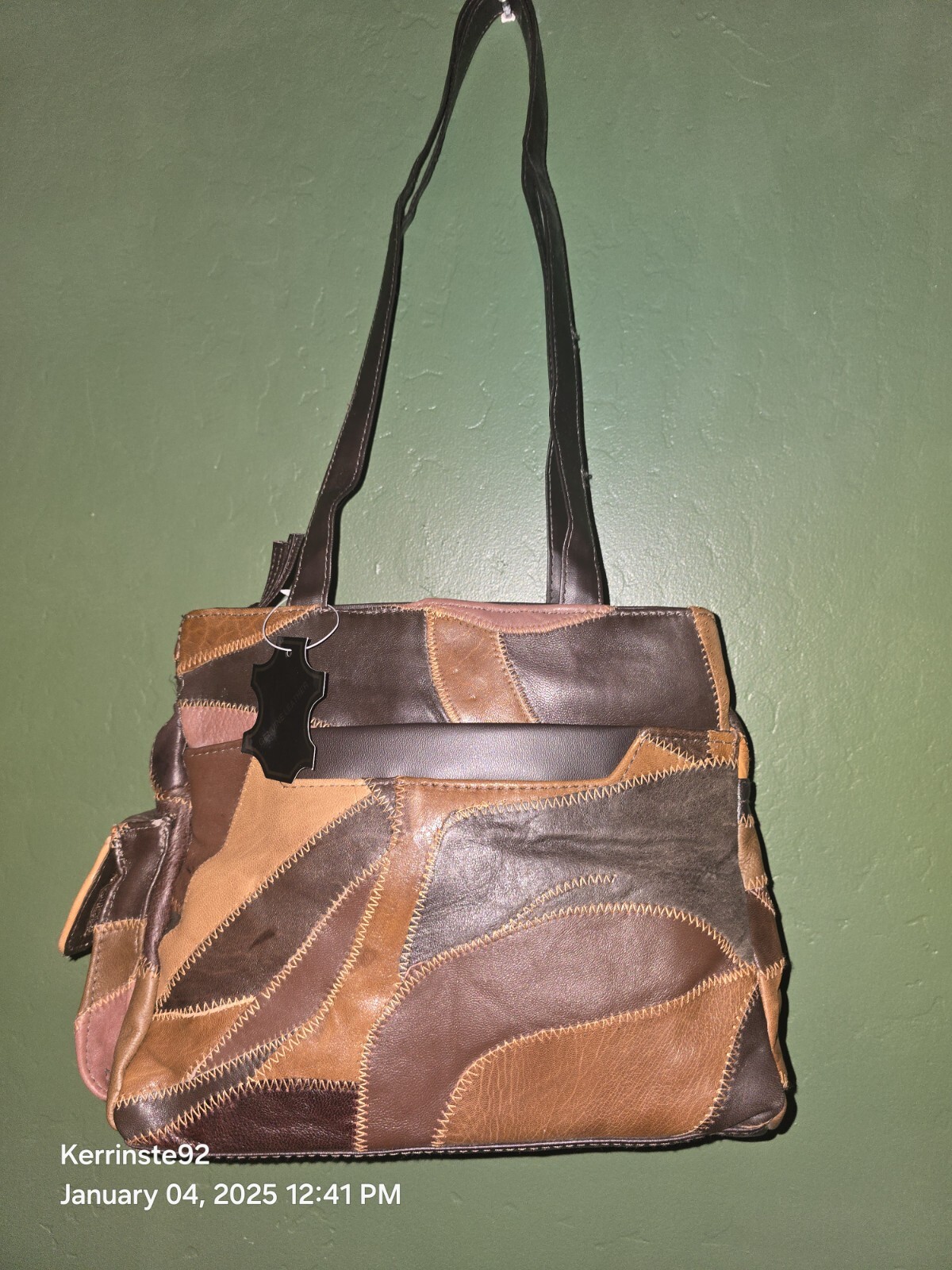 Vtg Geometric Patchwork Brown Black Leather Purse… - image 2