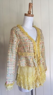JACKET Yellow Sequins Frills Lace Long sleeve V-neck Peplum Sz M Cottagecore