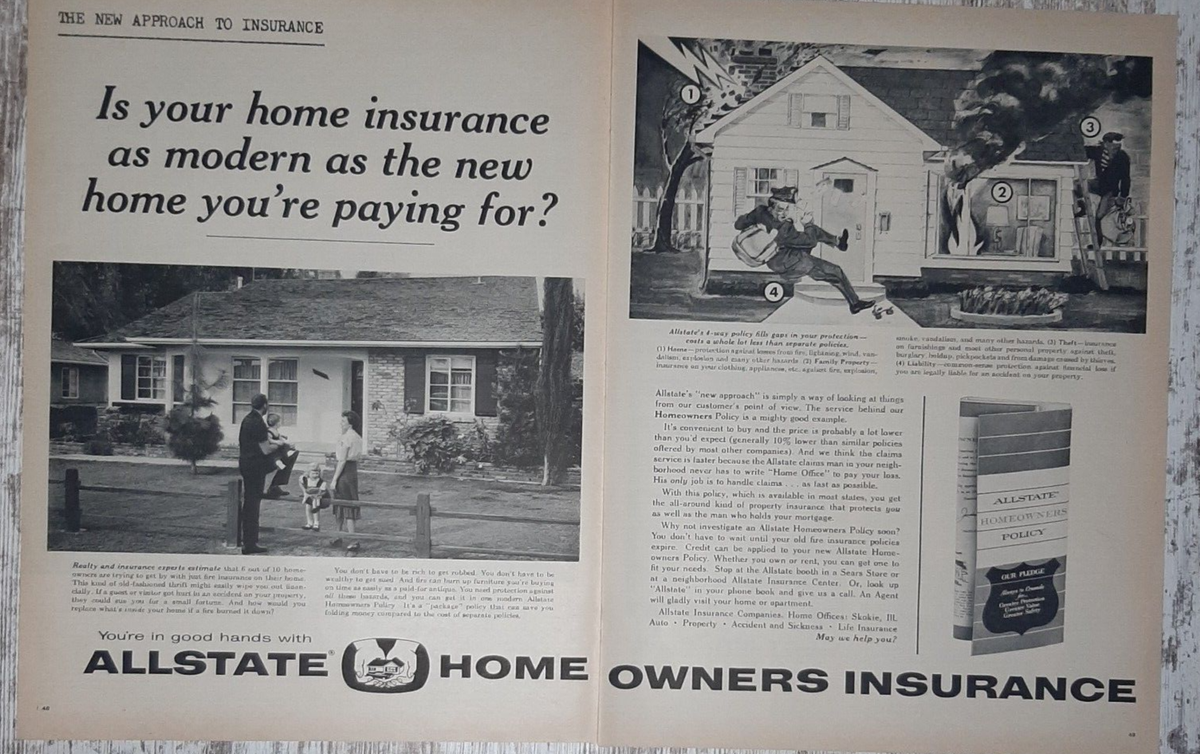 1961 Allstate Vintage Print Ad Homeowners Insurance Fire Burglar 