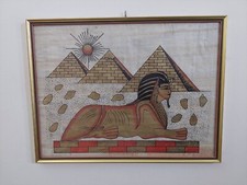 Rare Hand Painted Egyptian Papyrus  Sphinx  Pyramids framed  glazed