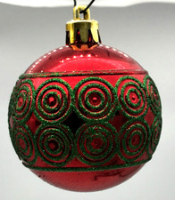 Vintage Retro Red Shatterproof Ornaments with Green Glitter Circles Set of 4