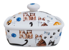 Cats Butter Dish Fine China Cute Collage Cat Covered Container Hand Decorated UK