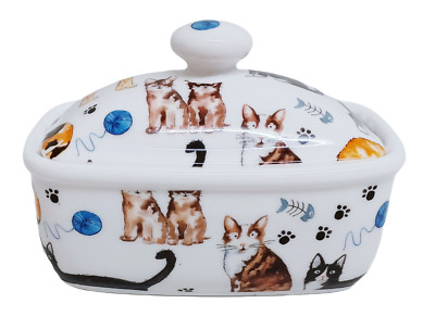 Katzen Butterdose Feinporzellan niedliche Collage Katze bedeckt Behälter handdekoriert UK