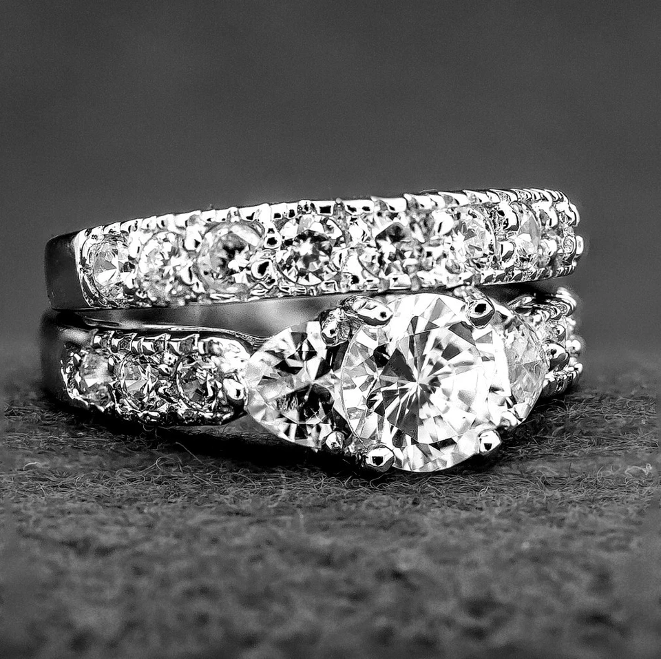 SU CONJUNTO DE ANILLOS DE COMPROMISO DE 3 PIEZAS PARA MUJER CORAZÓN DE PLATA 925 Y ACERO PARA HOMBRE Foto 4 de 4