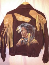 Ooak Vtg Denim Trucker Jacket Brown Jordache Hand Painted Indian Fringe Na Sz S