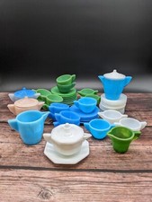 AKRO Agate Glass Child's Dish Set 49pc Concentric Circle Jadeite Blue White Vtg