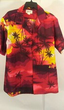 Vintage Helena's Red L Hawaiian Palm Trees Tiki Island Shirt MADE USA Aloha Luau