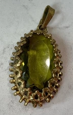 Vintage Olive Green And Gold Glass Pendant 1”