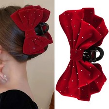 Large Bow Claw Clips for Women Velvet Red Bows with Rhinestones Big Clips