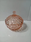 Vtg Pink Depression Glass Candy Dish w/ Lid Geometric Diamond Pattern Indiana