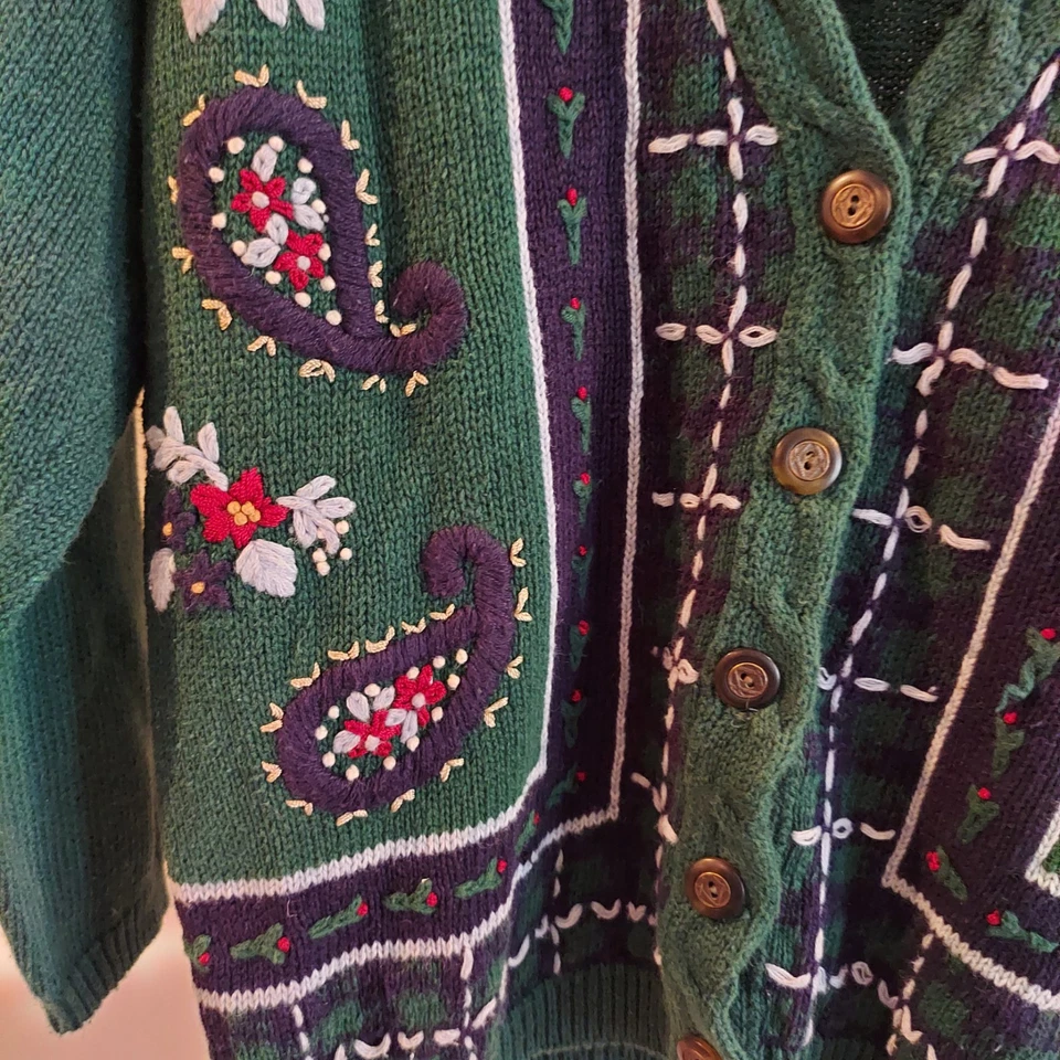 Cárdigan Suéter Jantzen Bordado a Mano Medio Verde Cachemira Años 90 Vacaciones Foto 4 de 4