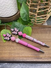 2 PC Handmade Silicone Bead Rhinestone Black Ink Pen Set Butterfly New B176