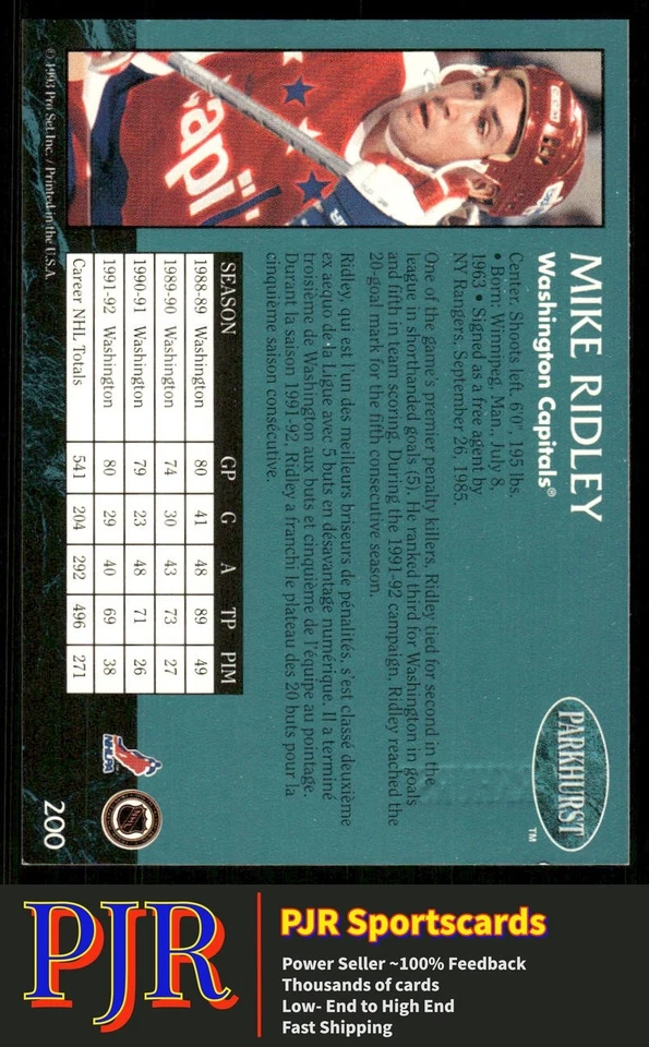 Mike Ridley 1992-93 Parkhurst #200 Washington Capitals Emerald Ice - Image 2 of 2