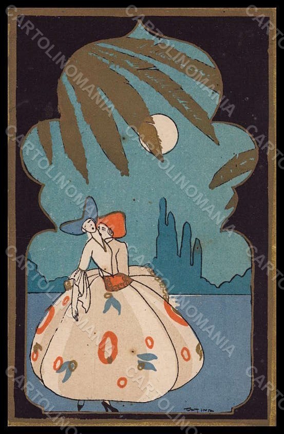 Cartolina artistica firmata Scattina Lady coppia romantica art deco carta luna VK7630