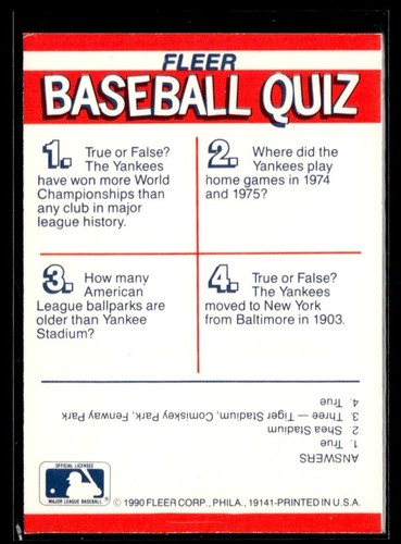 1990 Fleer Action Series Fleer Baseball Quiz Yankees #2 - Picture 2 of 2