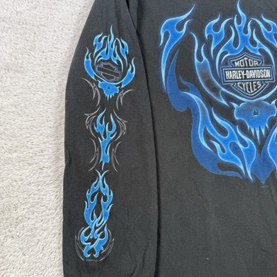 VTG Harley Davidson Shirt Mens Medium Black Blue Flame Y2K