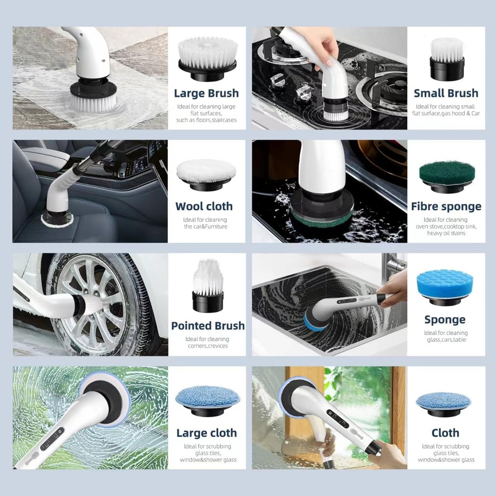 Electric Spin Scrubber Cordless Cleaning Brush 8 Heads Adjustable Long Handle