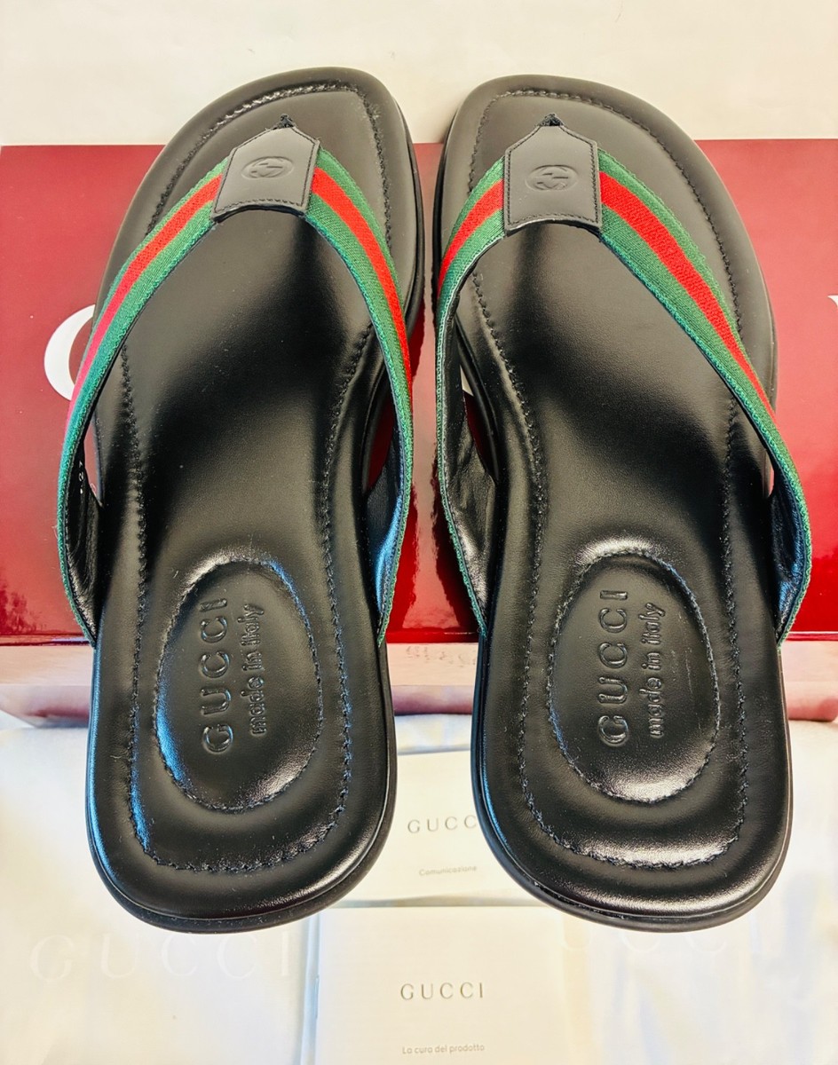 GUCCI Titan Signature Web Stripe Leather Thong / Flip Flop Sandals