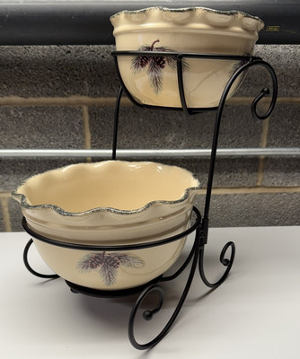 2003 Home & Garden Party Northwoods Pottery 2 Tier Mixing Serving Bowls + Stand!