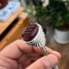 Yemeni Red Aqeeq Men's Ring 925 Silver Handmade Natural Agate Islamic Style