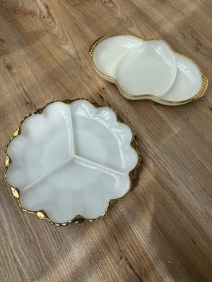 Anchor Hocking Fire King weißes Milchglas mit Goldrand Relish Zwei Stück Schale