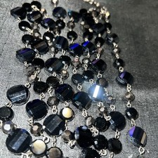 Vintage JOAN RIVERS Black Faceted Beaded Necklace 60” Long Chrome Glass Layered
