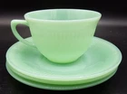 Fire King Jadite Jane Ray Green Ribbed Cup & 3 saucers EXC!