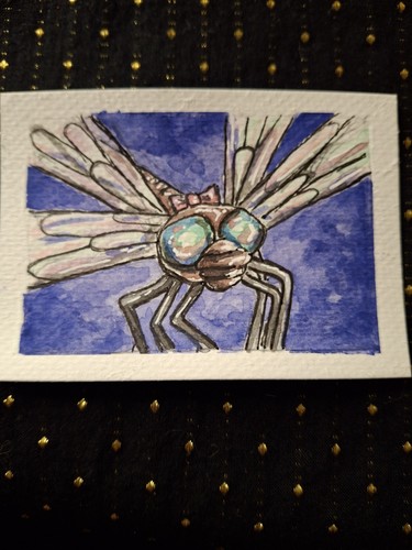 ACEO Original - Dragon Fly Bow - Watercolors & Paper - HallieWattsArt