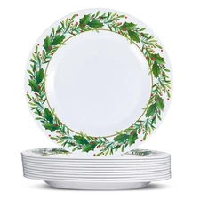 10 Pcs Christmas Holly Melamine Dinner Plates - Holly Plates Holiday Dinnerwa...