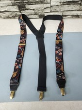 vintage West Germany Suspenders Stretch Black Leather Gold Clips Print