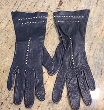 Vintage Size S 6 Black Leather Formal 10" Gloves Stitching Detail Geometric