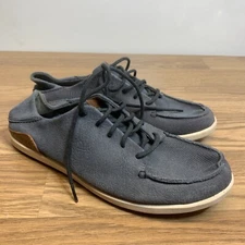 OluKai Shoes Mens 10.5 Manoa Navy Blue Canvas Lace Up Boat Loafer Textile