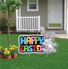 Easter Yard Decoration - "Happy Easter" with Gray Easter Bunny single with 2 sh