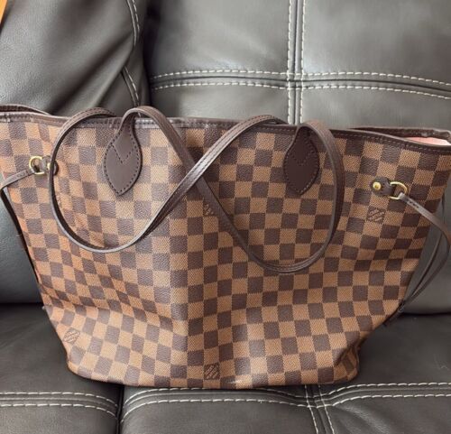 Louis Vuitton Neverfull mm Pink Interior Tote mm Brown Canvas