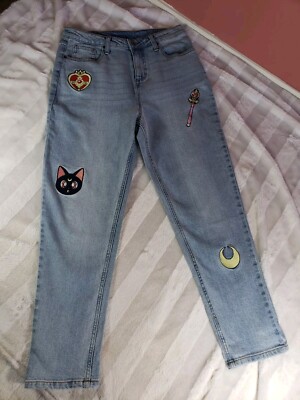 Hot Topic Sailor Moon Icons Embroidered Mom Jeans Luna Wand Compact Size 7