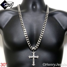 30"MEN Stainless Steel 11mm Silver Cuban Curb Necklace JESUS Cross Pendant J28