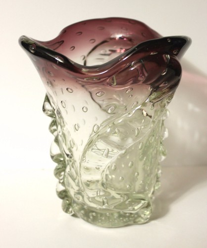 Vintage Murano Vetro Artistico Pianta Erbacea Design Viola E Trasparente Vaso - Picture 3 of 5