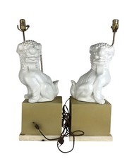 2 Vtg Japanese Chinese Blanc De Chine White Dehua Porcelain Foo Dog Lamps READ