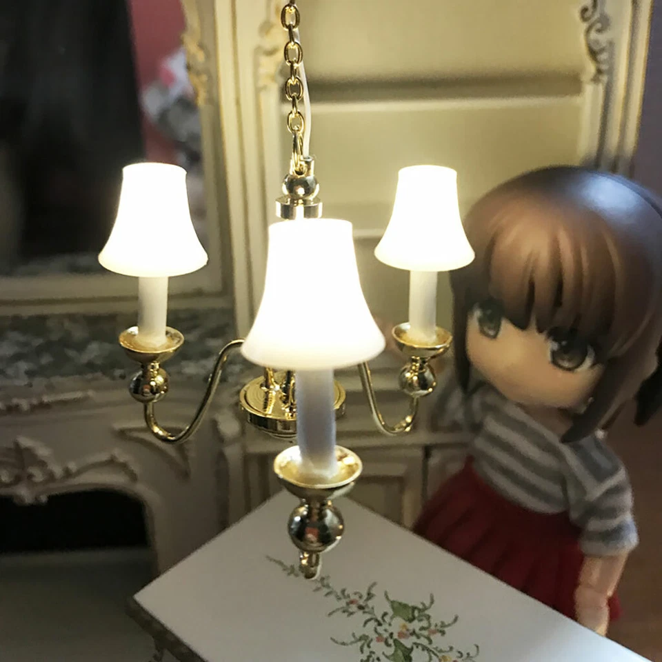 Dollhouse 1/12 Mini LED Battery Operated Light Ceiling Lamp Chandelier 3-Heads - Image 2 of 4