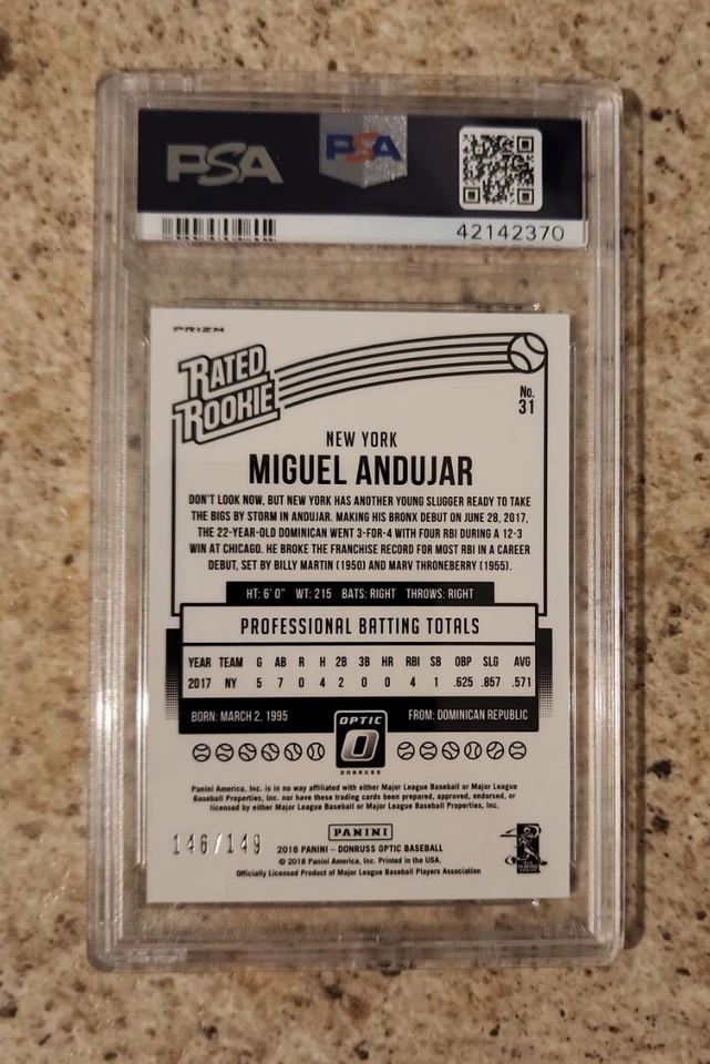 /149 POP 1 Miguel Andujar RC 2018 Panini Optic Rated Rookie BLUE #31 PSA 9 MINT  - Image 2 of 3