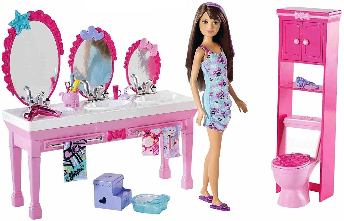 2010 Barbie Sisters Beauty Fun Bathroom Sinks Brunette Doll