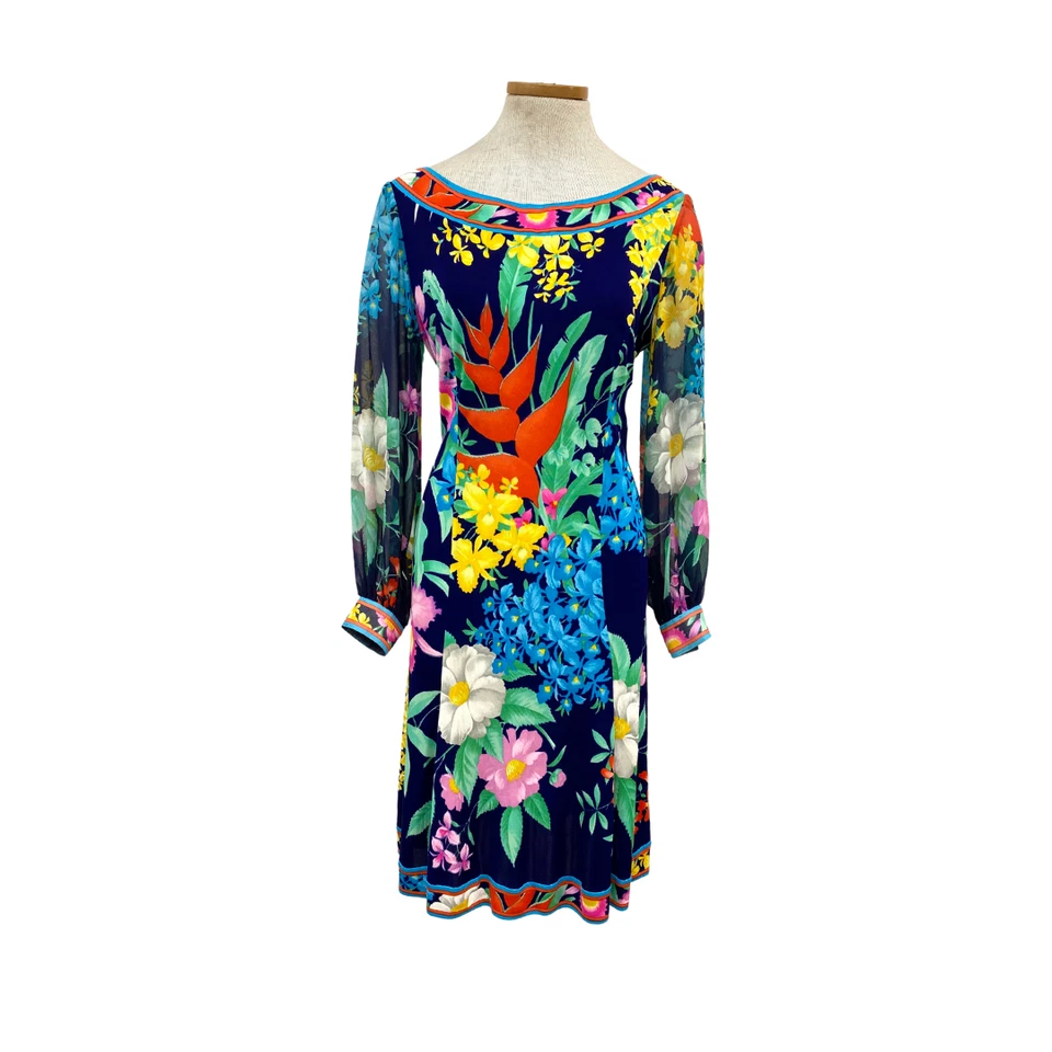 Vestido Floral Tropical Jersey Transparente Firmado Leonard Of Paris De Colección Años 90 Foto 3 de 4