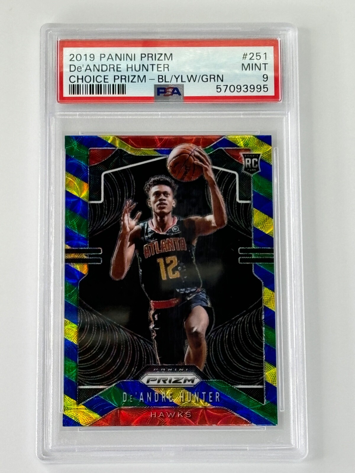 2019 PANINI PRIZM DE'ANDRE HUNTER RC PSA 9 CHOICE BLUE YELLOW GREEN ATLANTA HAWK