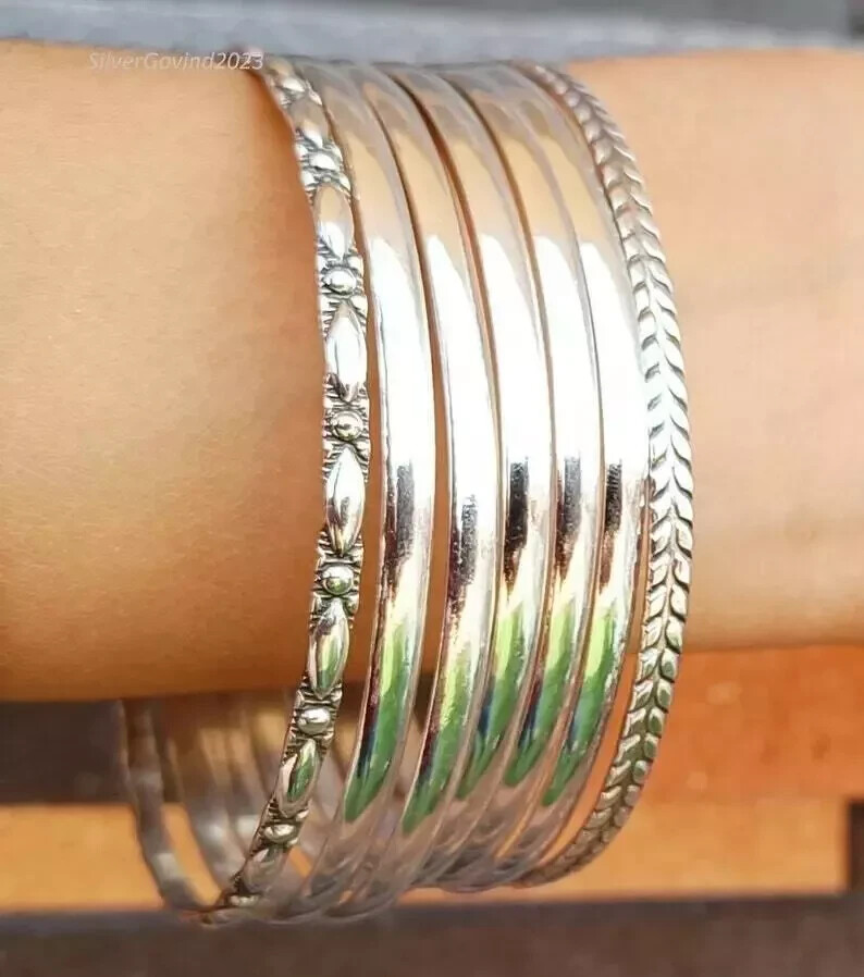 Beautiful Set Of 7 Silver Bangle Solid 925 Sterling Silver